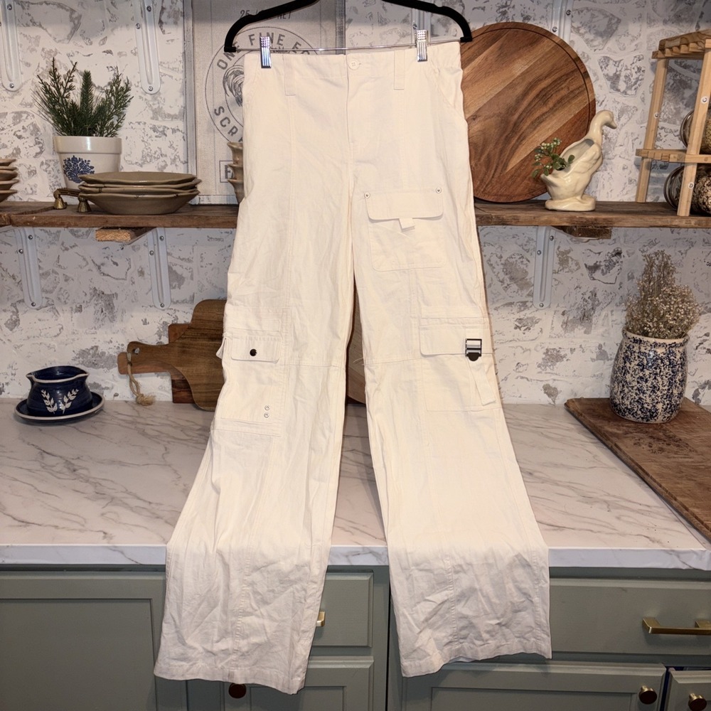 Harper & Ivy Off White Utilitarian Cargo Hipster Women's S Pants 100% Cotton